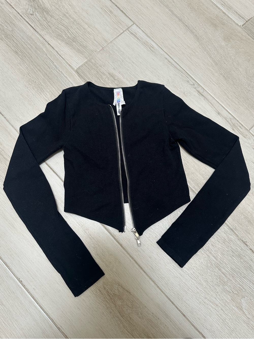 Malibu Sugar Girls Black Zip Front Fitted Cardigan Top ( great for over a dress)